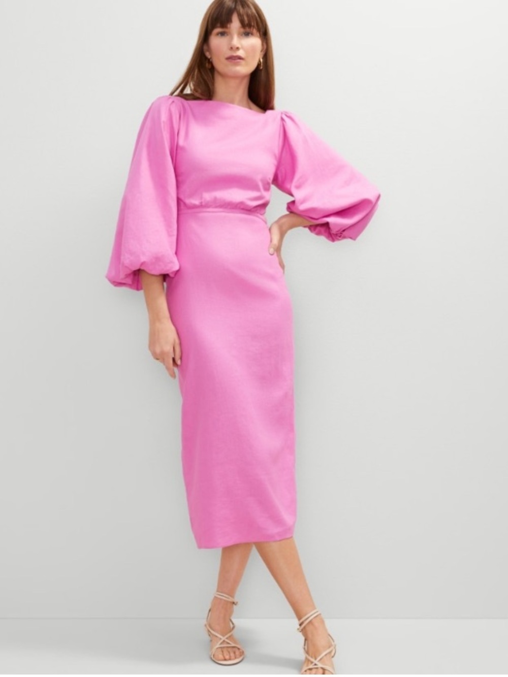 Ann Taylor Linen Blend Midi Dress Cut Out Waist Puff Sleeves